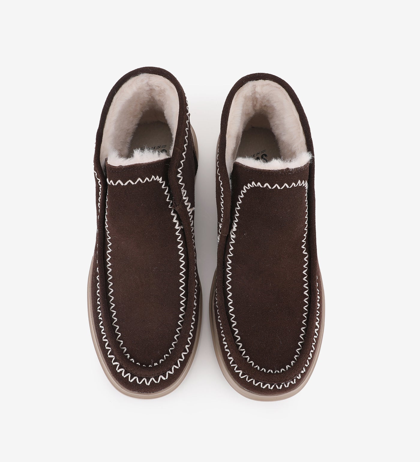 Brown Aspen Mocs by Pitas, mid-top moccasins with water-resistant suede, elasticated gussets, and faux-fur lining, alpine style.