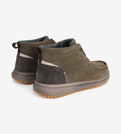 Bali Boots by Pitas in green suede, featuring elasticated laces, leather heel cup, and grippy rubber outsoles for all-season wear.