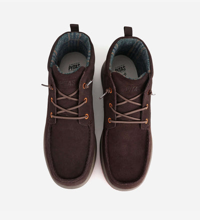 Durable Bali Boots by Pitas in suede with moc-toe, elasticated laces, leather heel, and grippy rubber outsoles for all-season comfort.