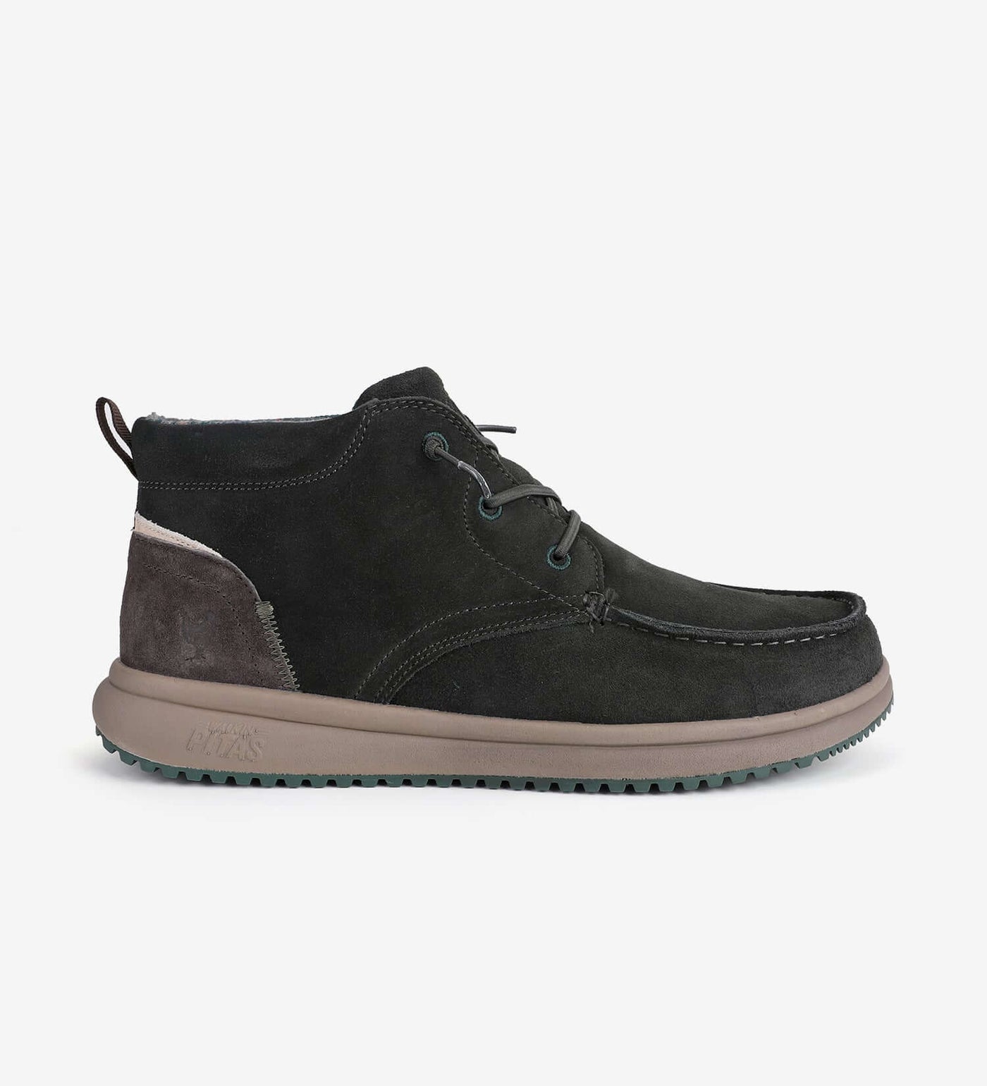 Durable Bali Boots by Pitas in black suede with elasticated laces, leather heel, and color contrast rubber sole for all-season comfort.