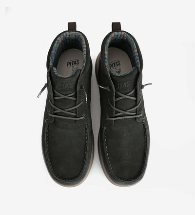 Durable Bali Boots by Pitas in suede with moc-toe design, elasticated laces, and contrast rubber outsoles.