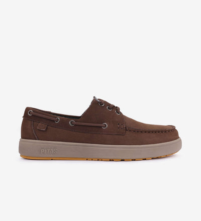 Brown Daiki Leather Boat Shoes by Pitas featuring premium cowhide and easy-on elastic laces, perfect for comfort and durability.