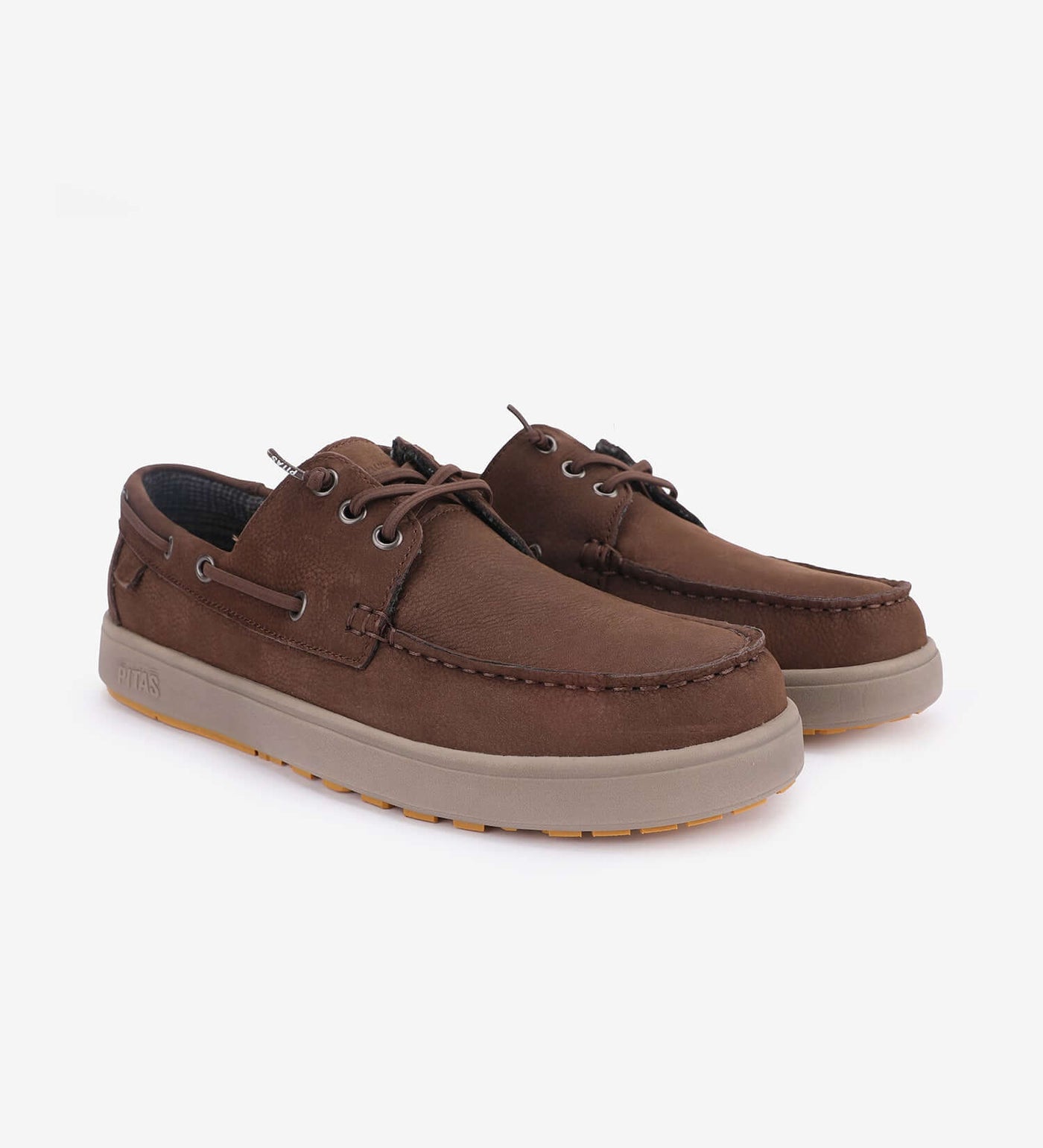 Brown Daiki Leather Boat Shoes by Pitas, featuring water-repellent premium cowhide, three eyelets, and elastic easy-on laces.