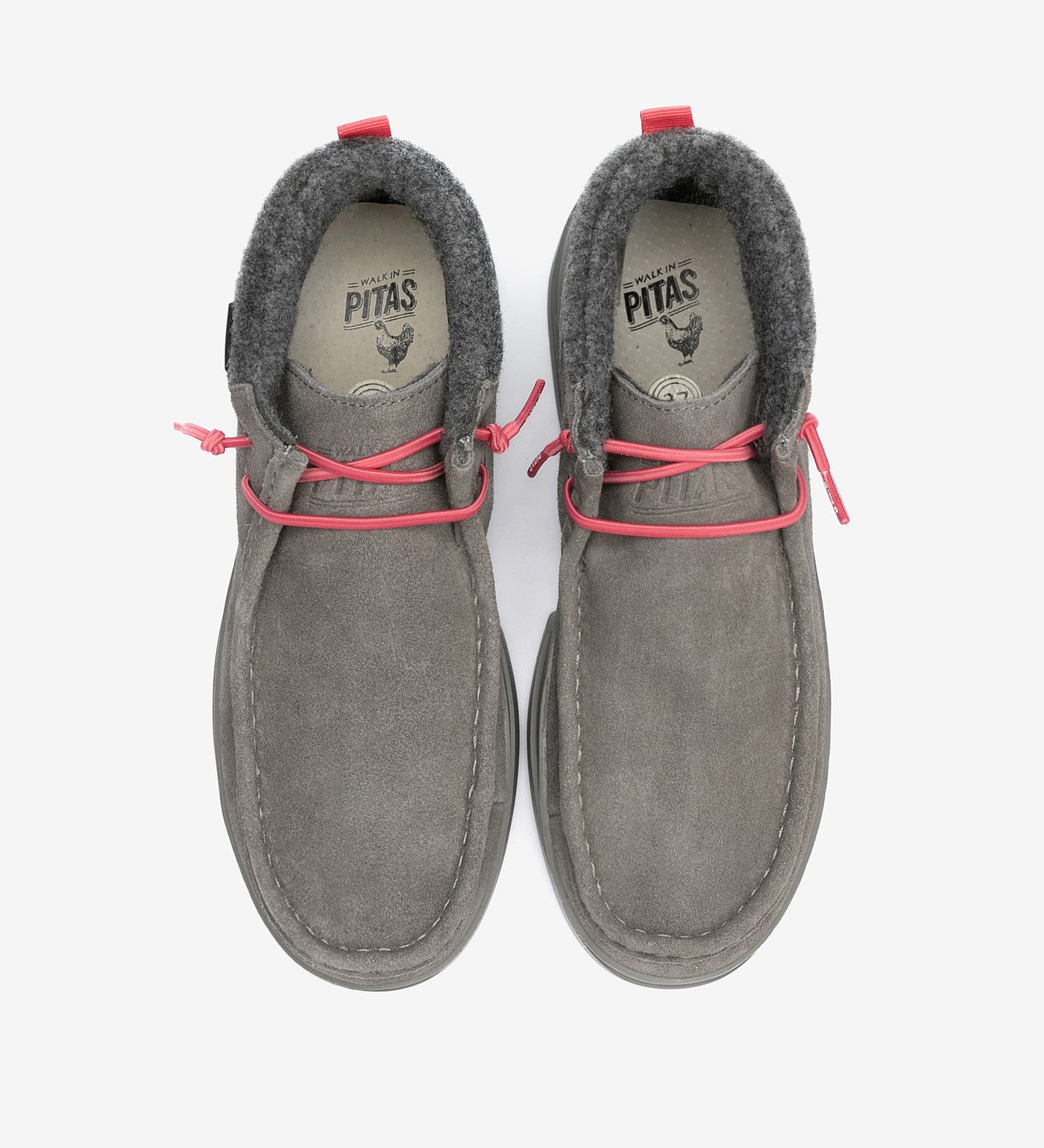 Garda Boots by Pitas in grey suede with red laces and soft fabric ankle collar, showcasing waterproof and breathable Pitas-Tex system.