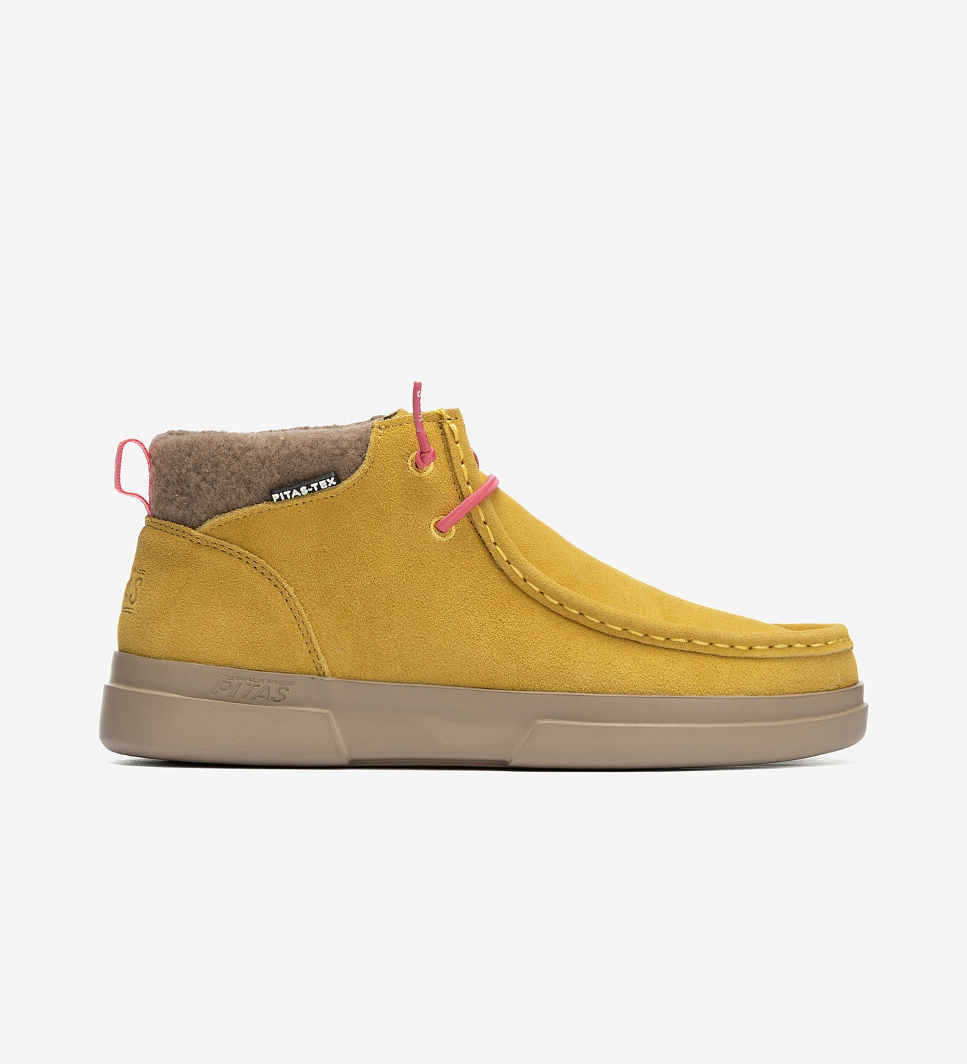 Garda Boots by Pitas in mustard yellow suede with soft fabric ankle collar, featuring waterproof and breathable Pitas-Tex technology.