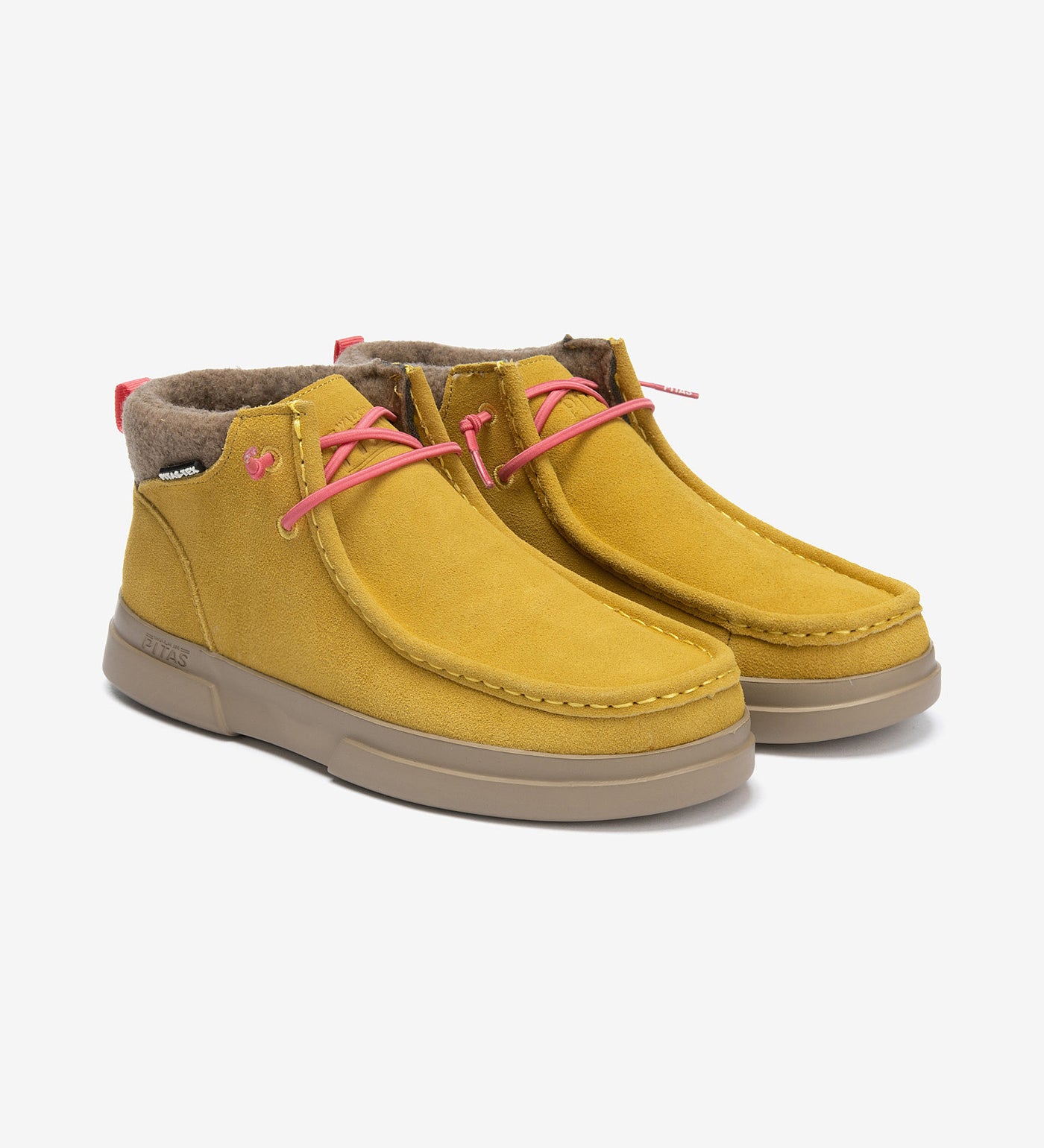 Yellow Garda Boots by Pitas with pink laces, featuring Pitas-Tex waterproof technology and soft fabric ankle collar.