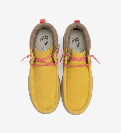 Yellow Garda Boots by Pitas with pink laces, featuring premium suede and soft fabric ankle collar, top view.