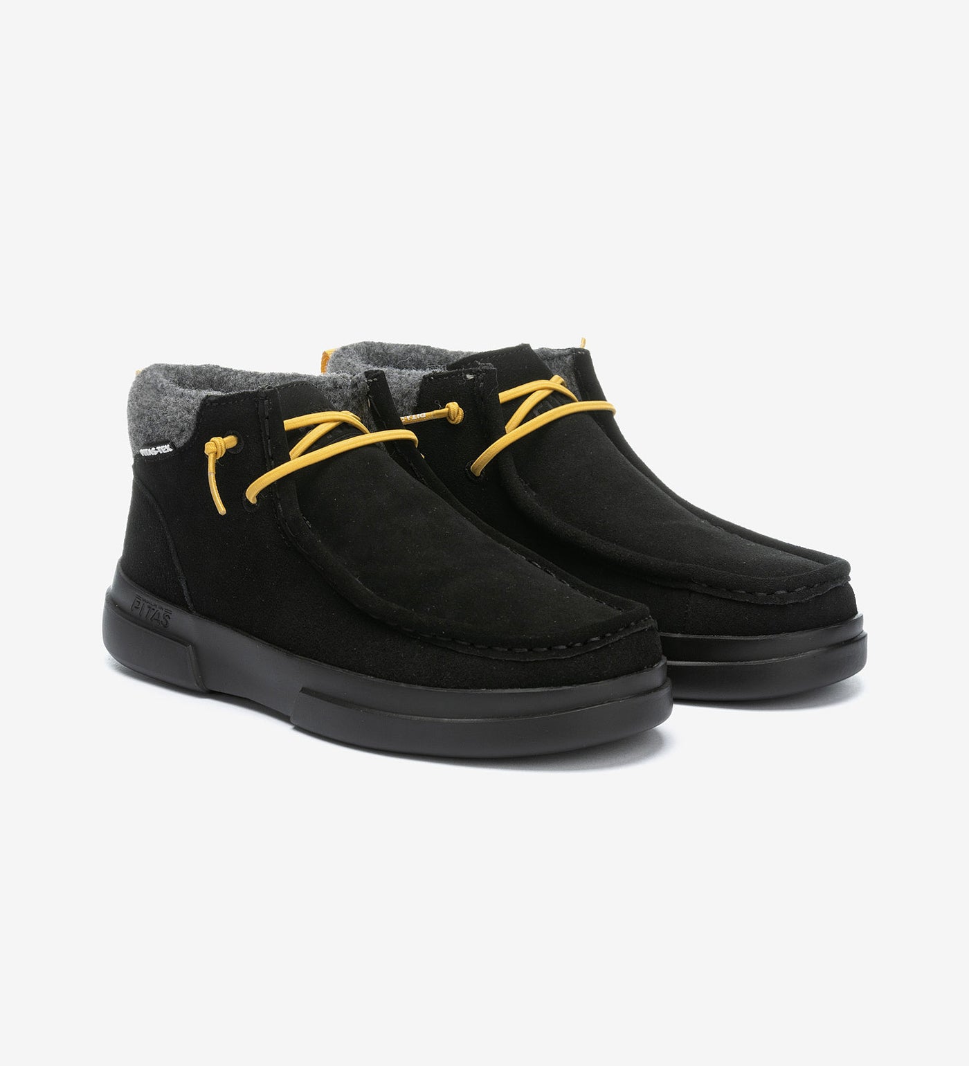 Black Garda Boots by Pitas, waterproof mid-top with yellow laces, premium suede, soft fabric collar, and Pitas-Tex system for comfort.