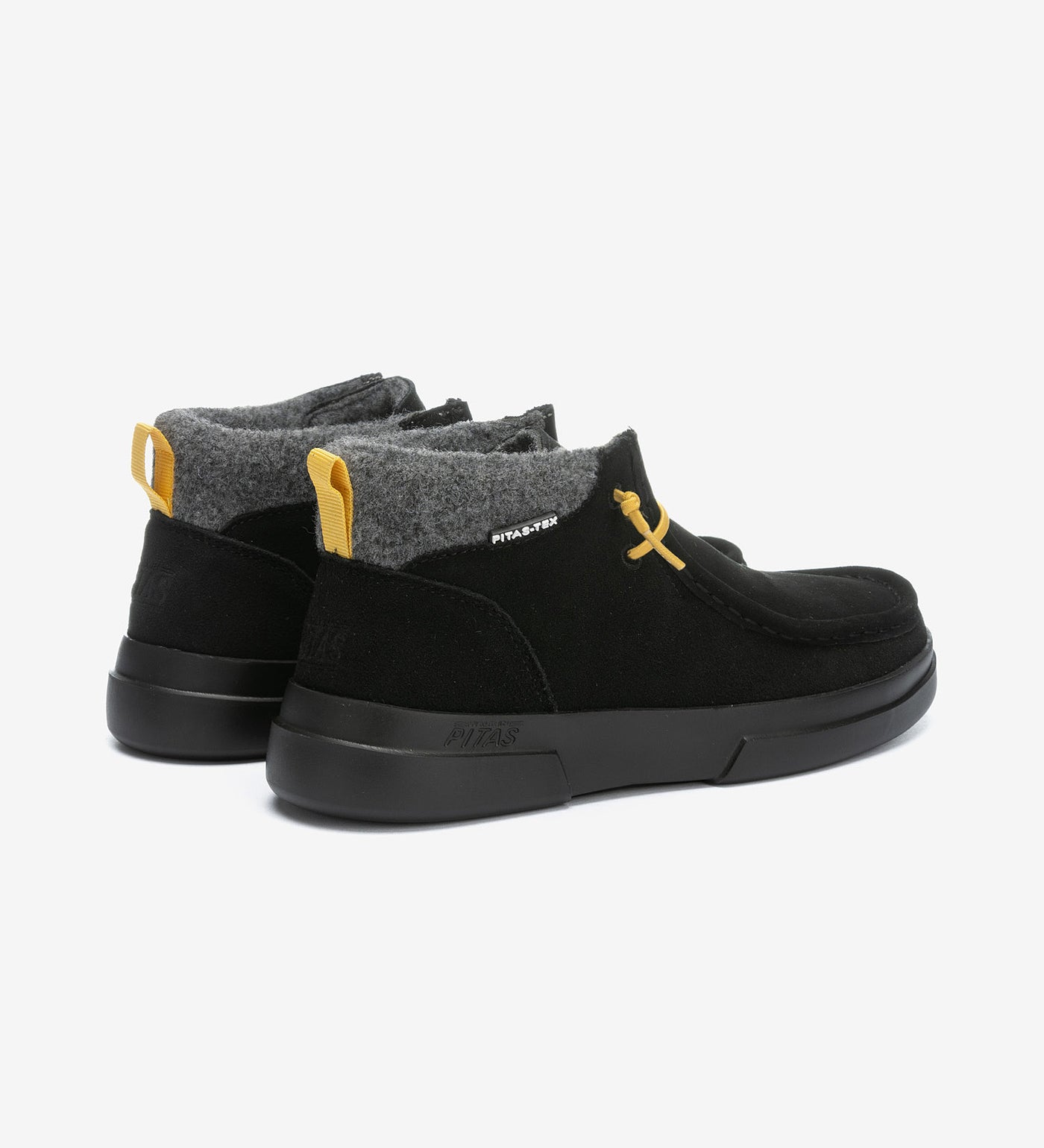 Garda Boots by Pitas in black suede with yellow accents, featuring a soft grey fabric ankle collar and waterproof design.