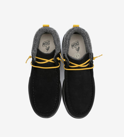 Black Garda Boots by Pitas with yellow laces, featuring a grey fabric ankle collar, showcasing the waterproof suede design.