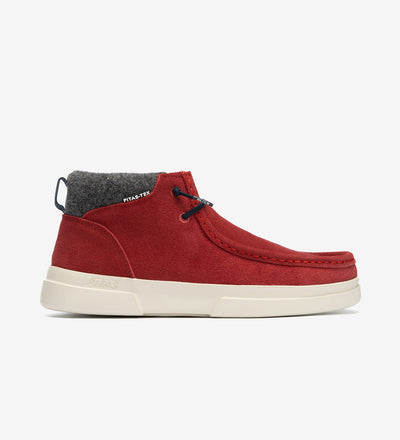 Red Garda Boots by Pitas in premium suede with fabric ankle collar, showcasing mid-top waterproof design and Pitas-Tex technology.