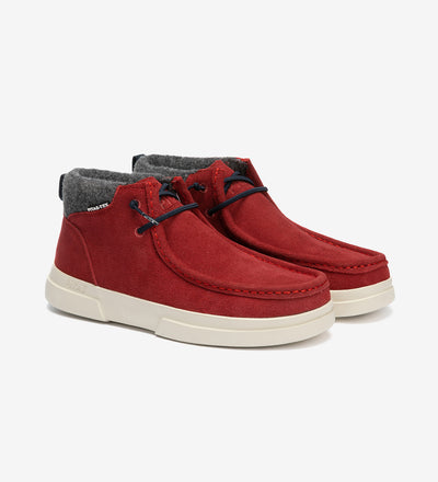 Red Garda Boots by Pitas, waterproof mid-top suede with soft fabric collar, on white background.