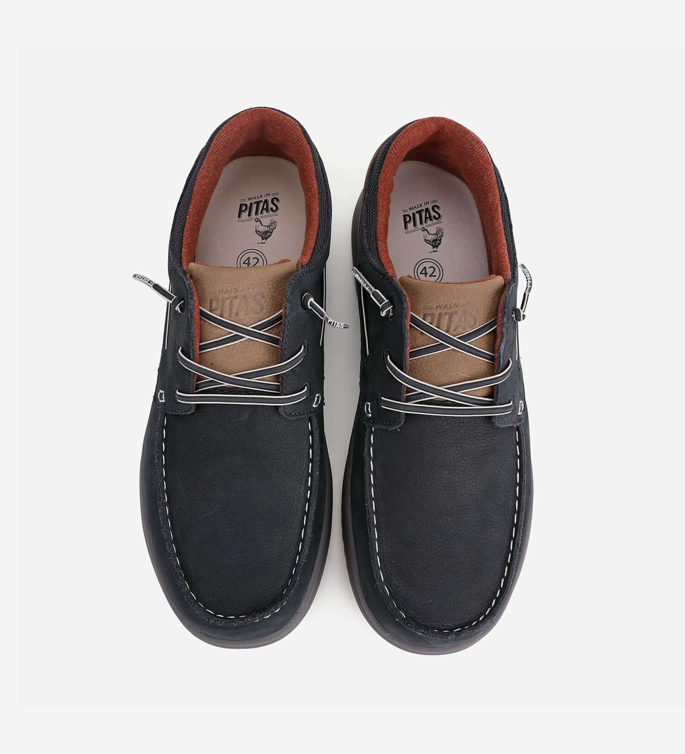 Java Leather water-repellent moc-toe shoes by Pitas with elastic laces, premium cowhide, and classic boat shoe design.