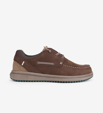 Brown Java Leather Pitas moc-toe shoe with water-repellent premium cowhide, featuring three eyelets and easy-on elastic laces.