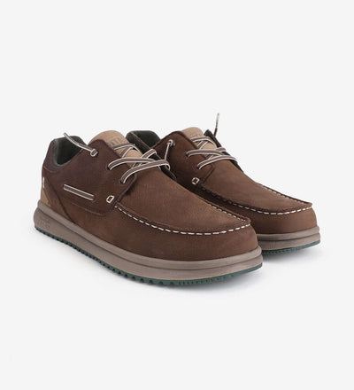 Brown Java Leather moc-toe shoes by Pitas, featuring premium cowhide leather, lightweight design, and elastic easy-on laces.