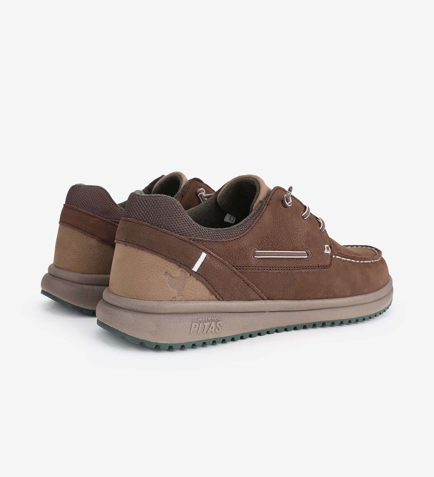 Java Leather by Pitas water repellent moc-toe shoes, brown leather with elastic easy-on laces, side view showing casual design.