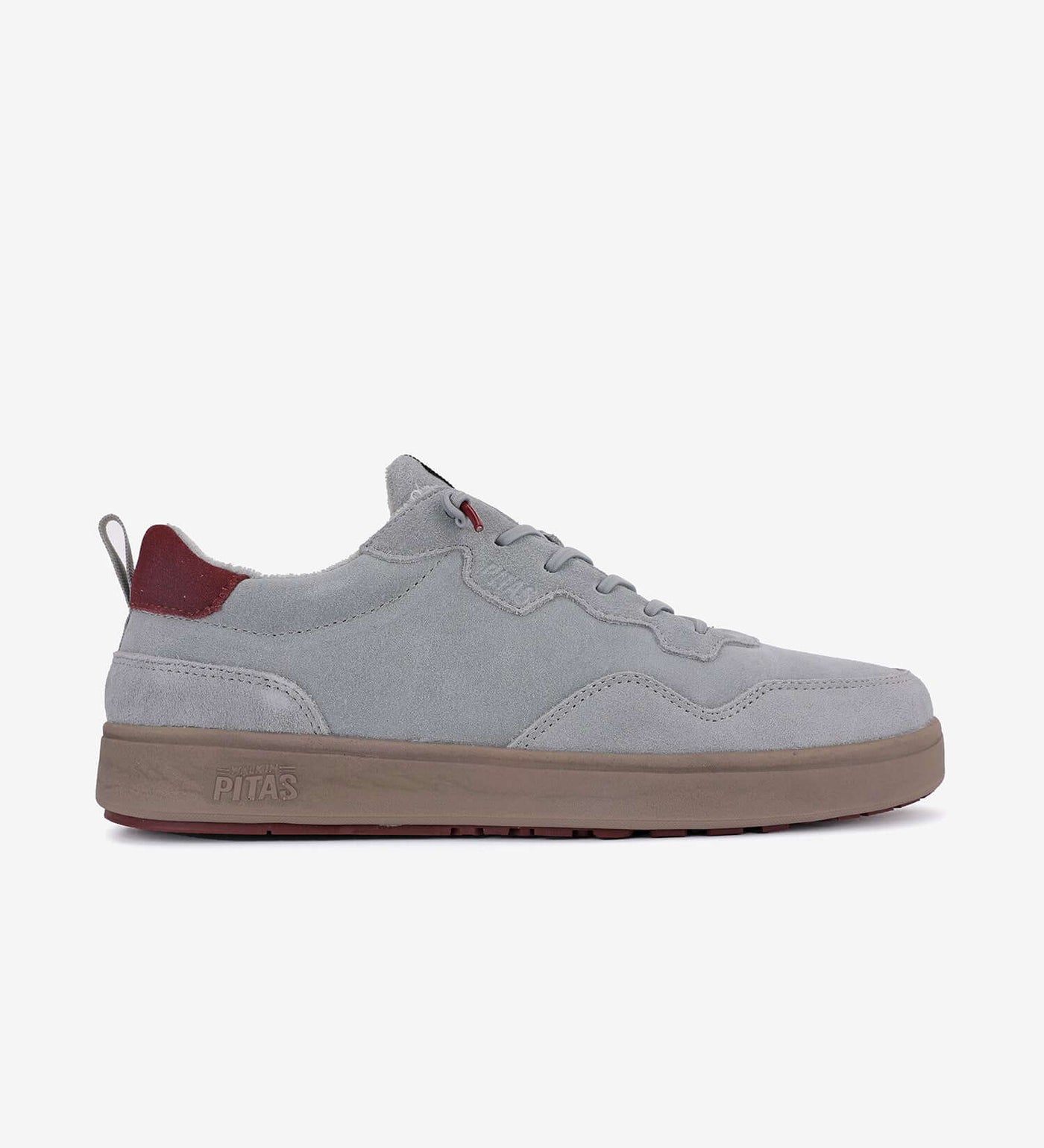 Kume Sneakers by Pitas in grey suede, side view, water-repellent, lightweight, breathable with six eyelets and elastic laces.