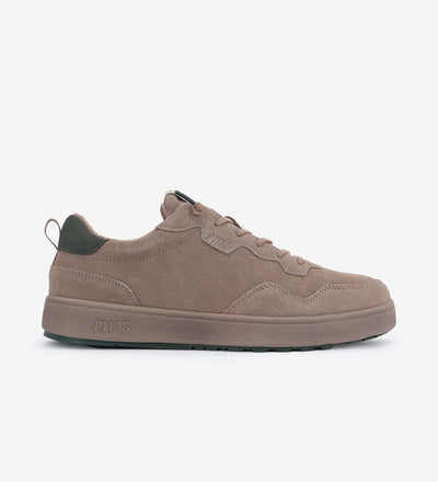 Kume Sneakers by Pitas in taupe suede, water-repellent and lightweight, featuring elastic easy-on laces and a classic sneaker design.