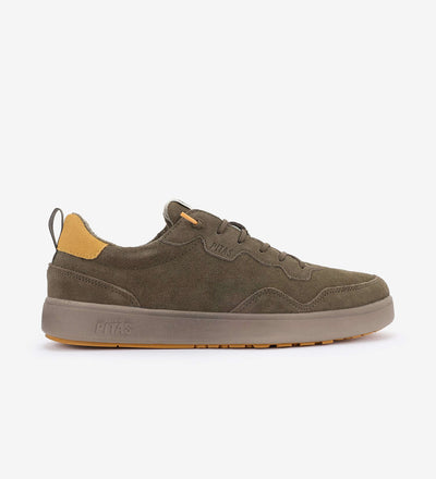 Olive green Kume sneaker by Pitas, featuring water-repellent suede, elastic easy-on laces, and a lightweight, breathable design.