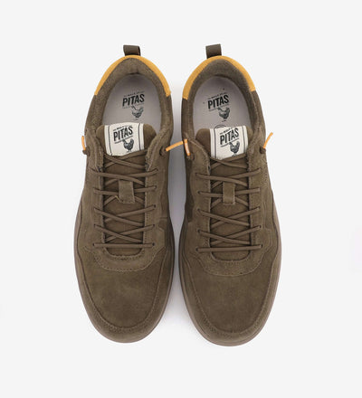 Olive Kume Sneakers by Pitas with water-repellent suede, featuring six lace eyelets and elastic laces for easy wear.