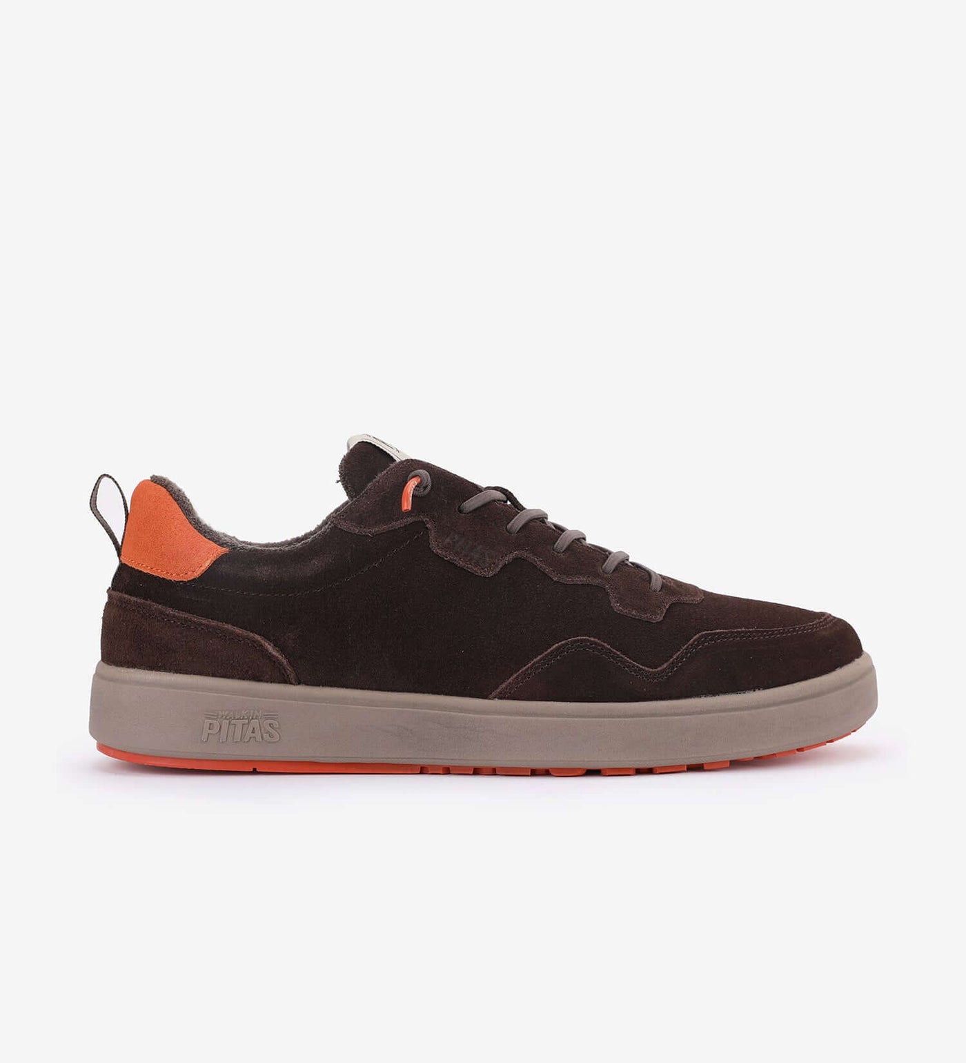 Kume Sneakers by Pitas in brown suede with orange detail, featuring easy-on laces and a water-repellent, breathable design.