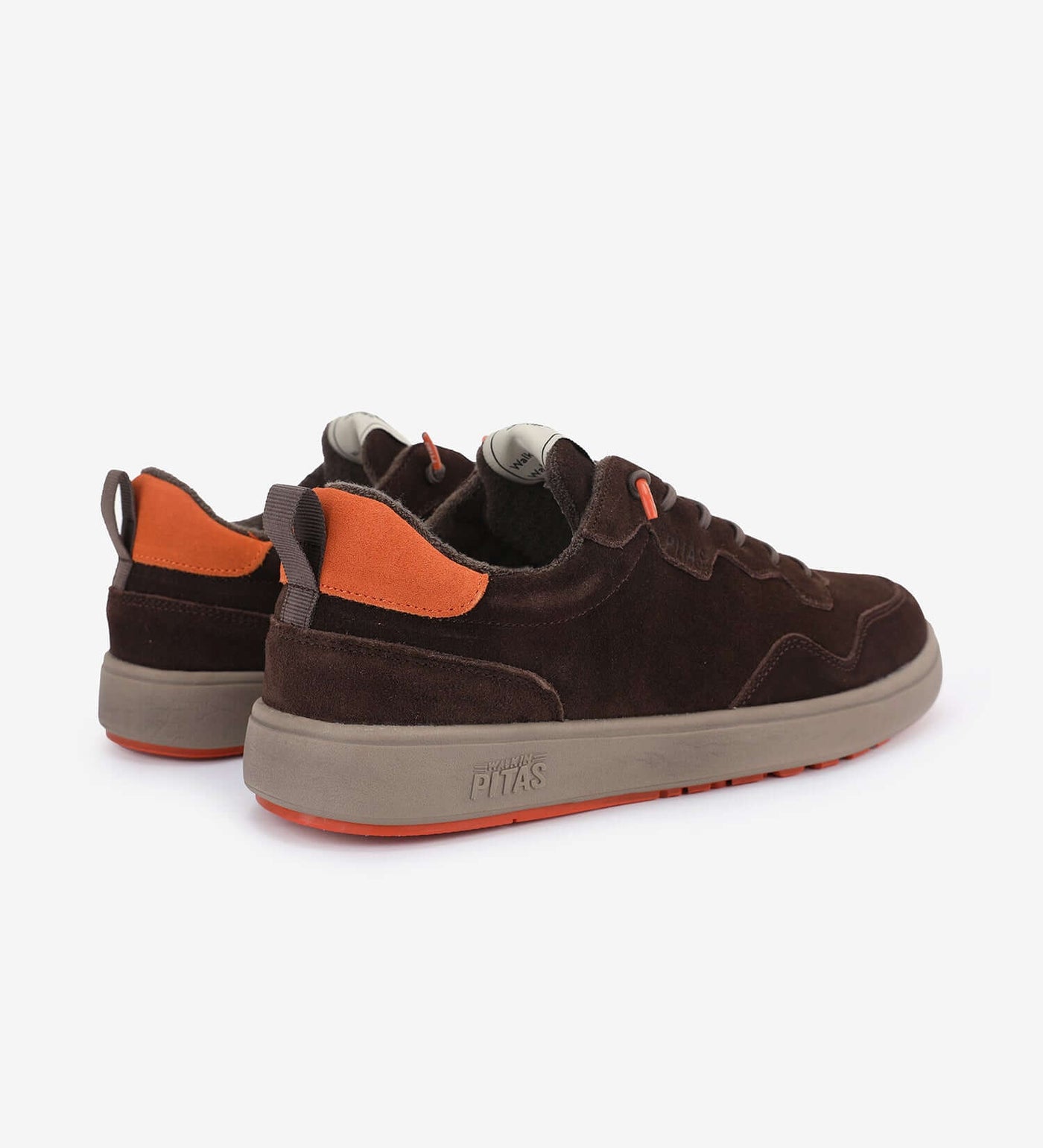 Kume sneakers by Pitas in brown suede with orange accents, featuring elastic easy-on laces and lightweight design.