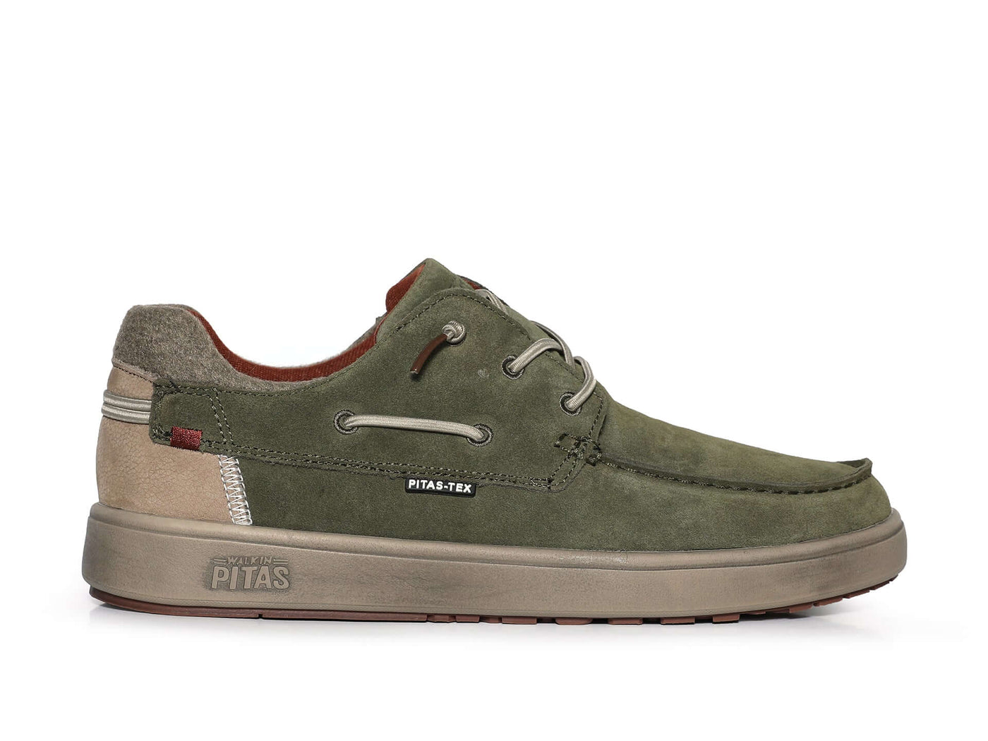 Olive green Omi by Pitas casual shoe with suede upper, featuring waterproof Pitas-Tex system for lightweight comfort.