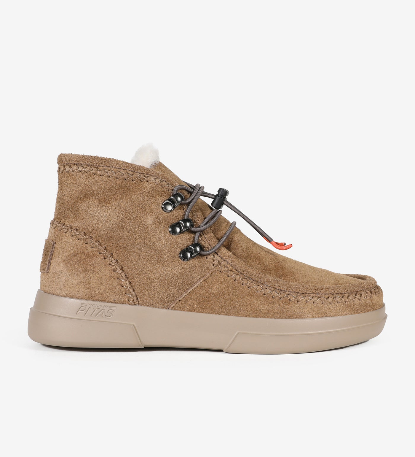 Ontario Mocs by Pitas in tan suede, featuring water-resistant fabric, metal lace loops, elastic laces, and faux-fur lining for winter comfort.