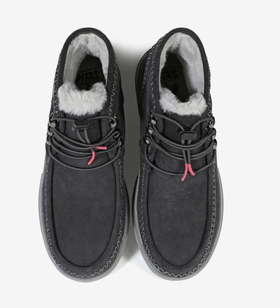 Black Ontario Mocs by Pitas with faux-fur lining, water-resistant suede, and moccasin toe design, perfect for winter comfort.