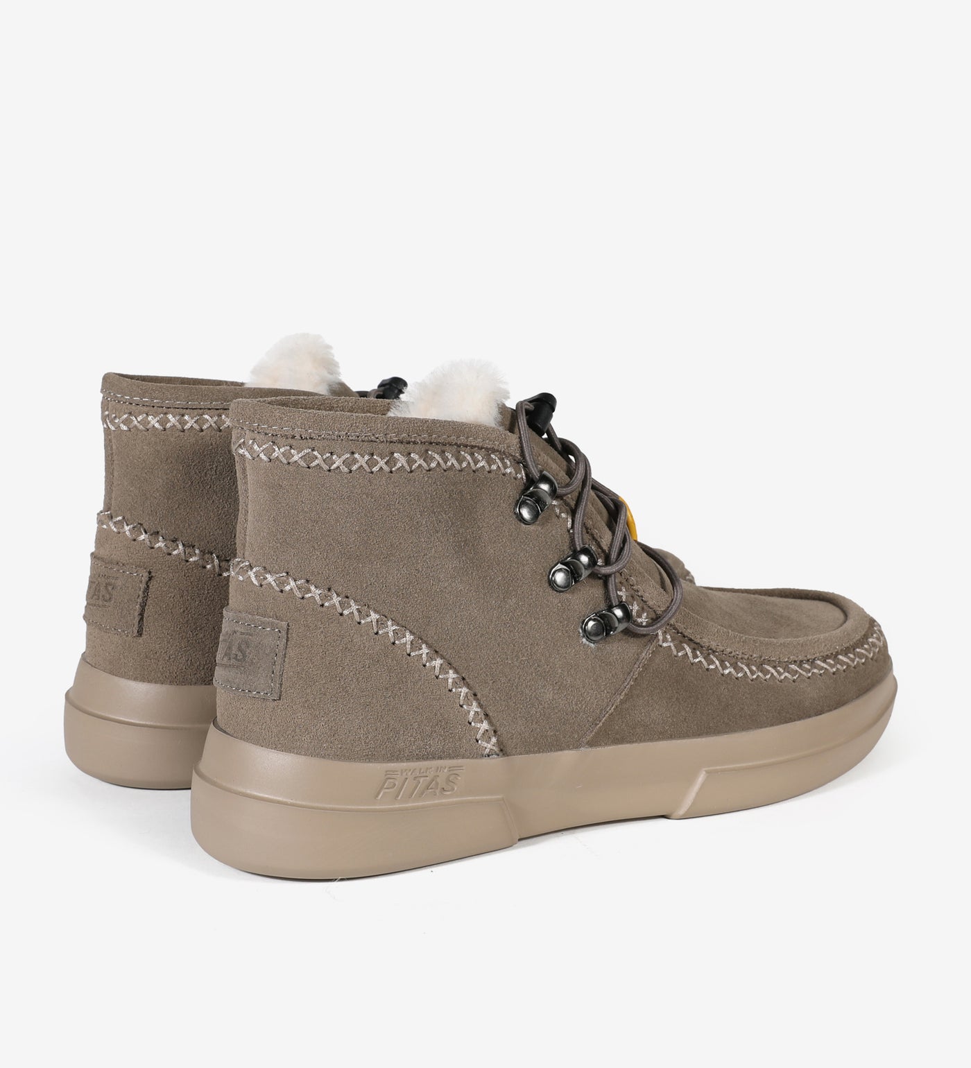 Ontario Mocs by Pitas, water-resistant suede mid-top moccasins with faux-fur lining and elastic laces, perfect for winter.