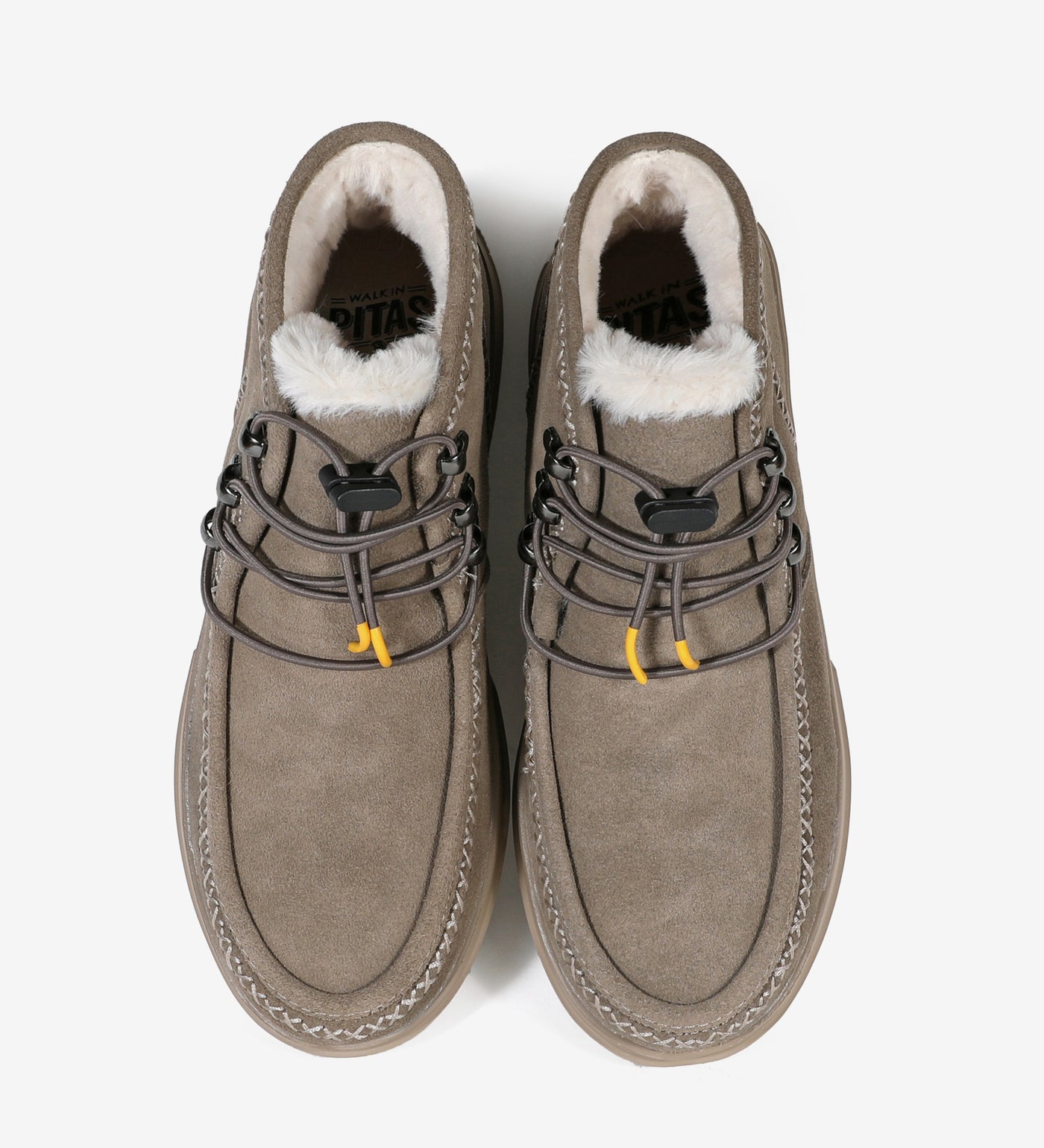 Ontario Mocs by Pitas - water-resistant suede moccasins with faux-fur lining and elastic laces, perfect for winter comfort.