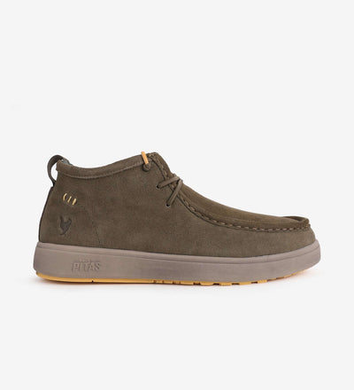 Olive green Tug Moc by Pitas, water-resistant hi-grip mid-top moccasin with suede upper and elastic laces.