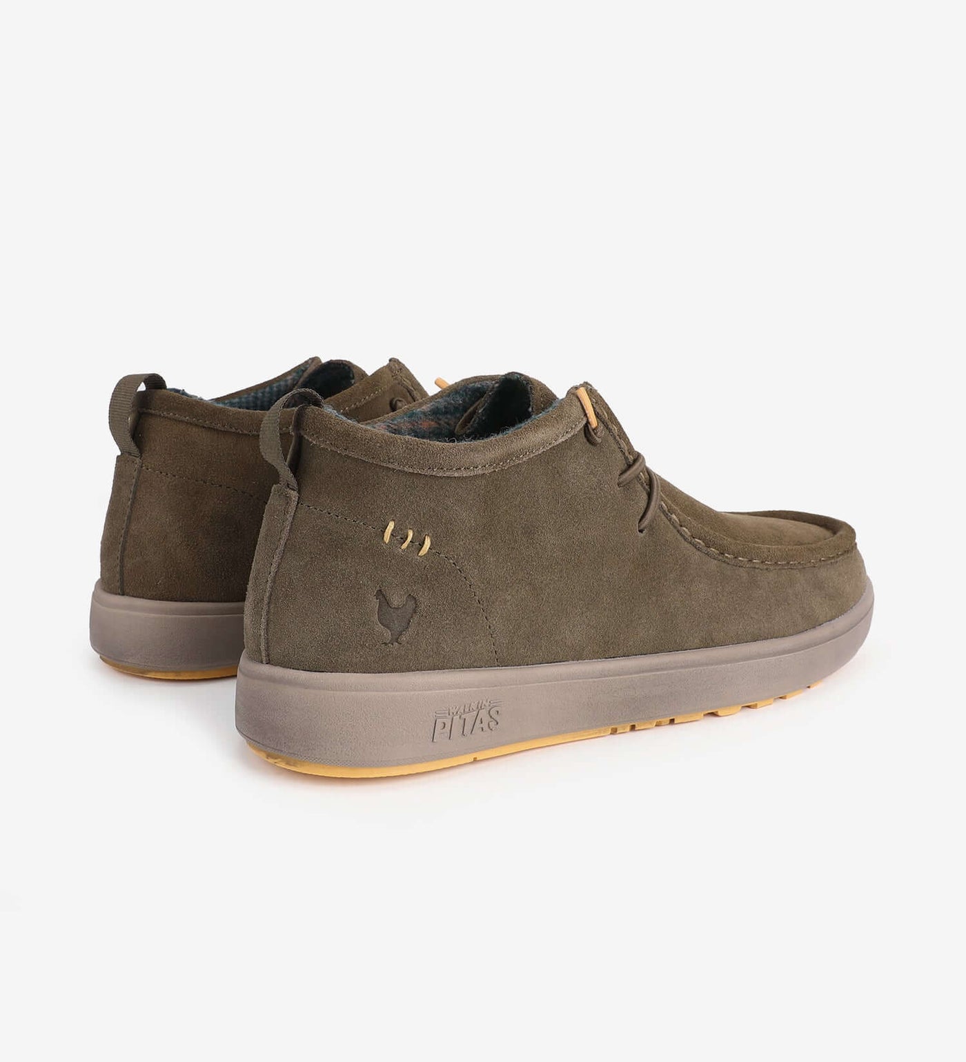 Olive green Tug Mocs by Pitas, water-resistant suede mid-top mocassins with high-grip soles and elastic easy-on laces.