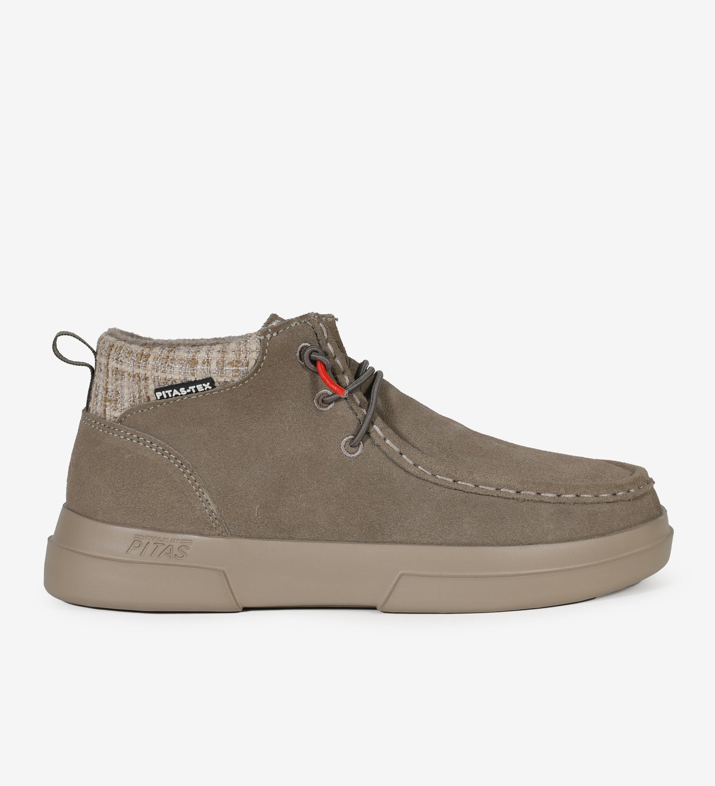 Utah Mid-Top Mocs in premium suede with waterproof Pitas-Tex system, soft fabric ankle collar, lightweight for ultimate comfort.