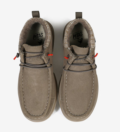 Utah Mid-Top Mocs in premium suede with soft fabric collar, waterproof and breathable, featuring Pitas-Tex technology.