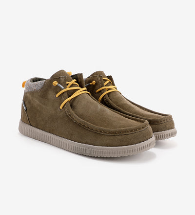 WP150 Bob Mocs by Pitas - waterproof mid-top wally shoes in brown suede with yellow laces and breathable Pitas-Tex membrane.