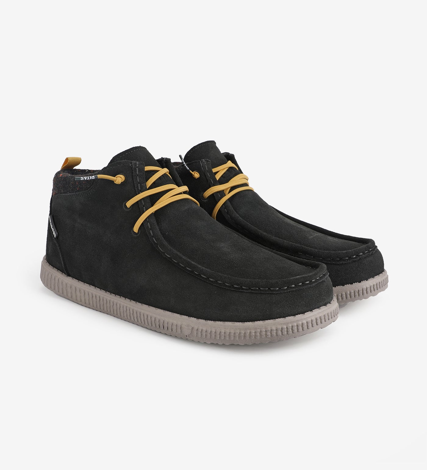 WP150 Bob Mocs by Pitas, waterproof mid-top shoes with black suede, yellow laces, and breathable Pitas-Tex membrane.