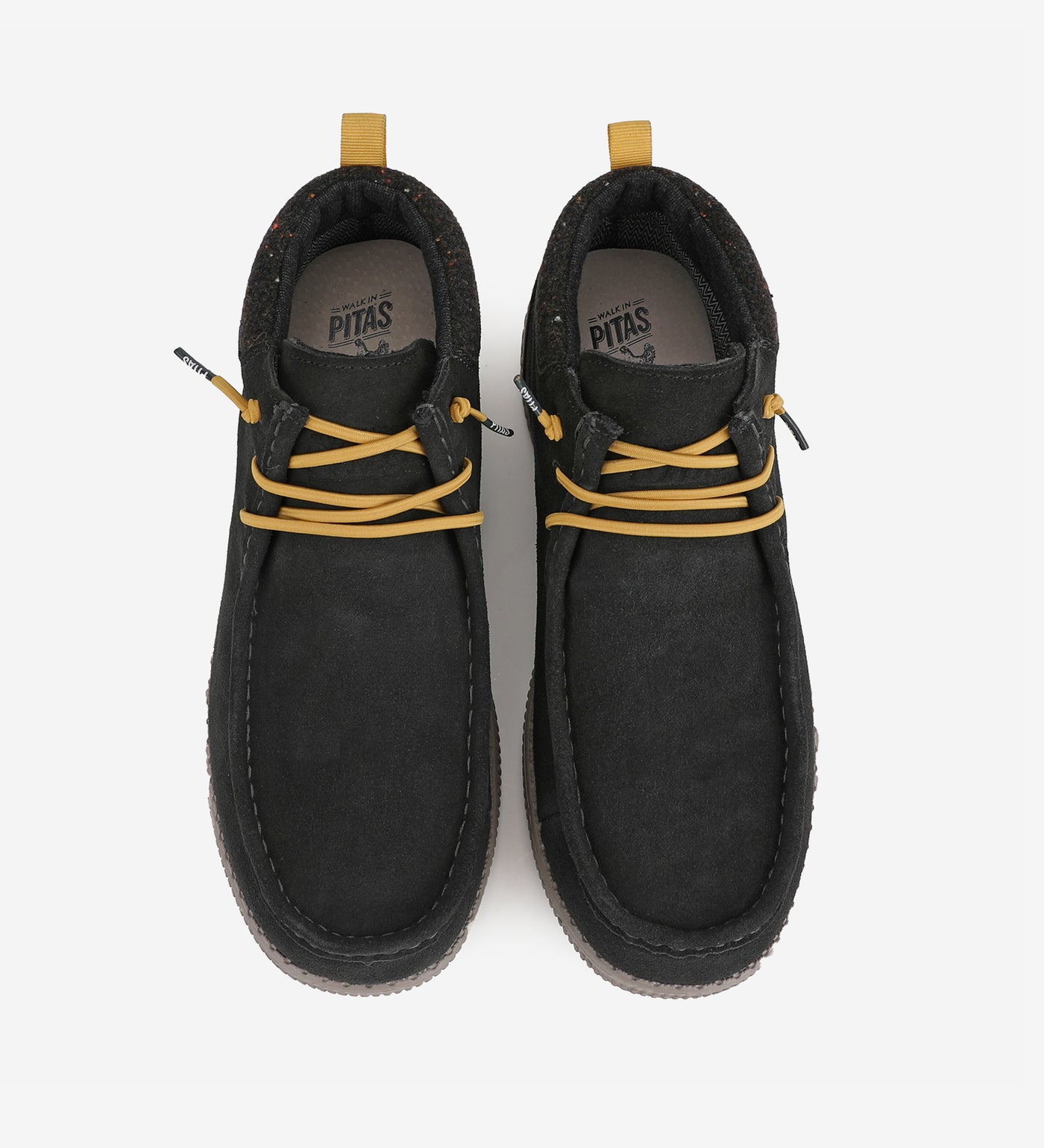 WP150 Bob Mocs by Pitas, black waterproof mid-top shoes with yellow laces, featuring Pitas-Tex for comfort and breathability.