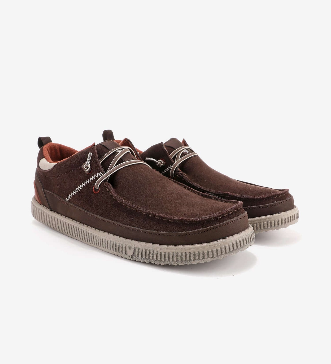 Brown suede moc-toe shoes with elastic laces and cushioned soles, featuring a leather heel cup and water-repellent trim by Pitas.