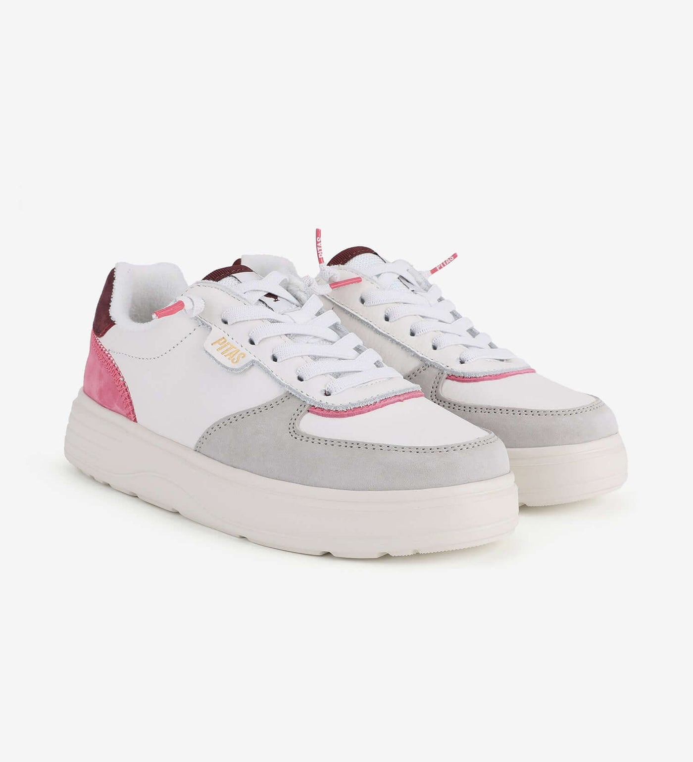 Zan Leather Sneakers by Pitas in white and pink, featuring a lightweight 4cm platform and easy-on elastic laces.