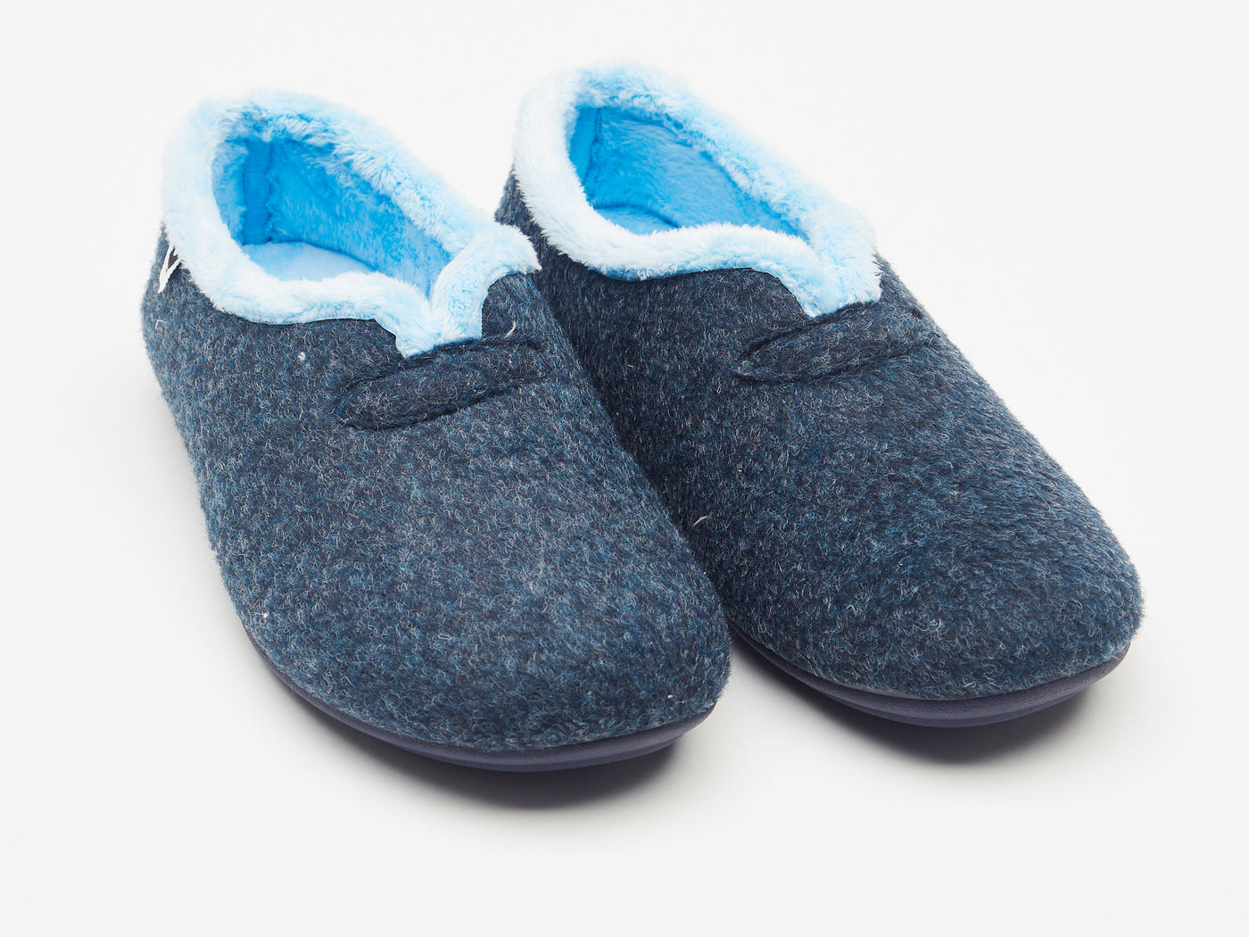 Women's navy blue felt and faux fur slippers