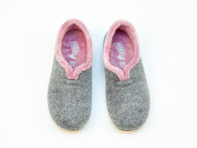 Women's grey and pink felt and faux fur slippers