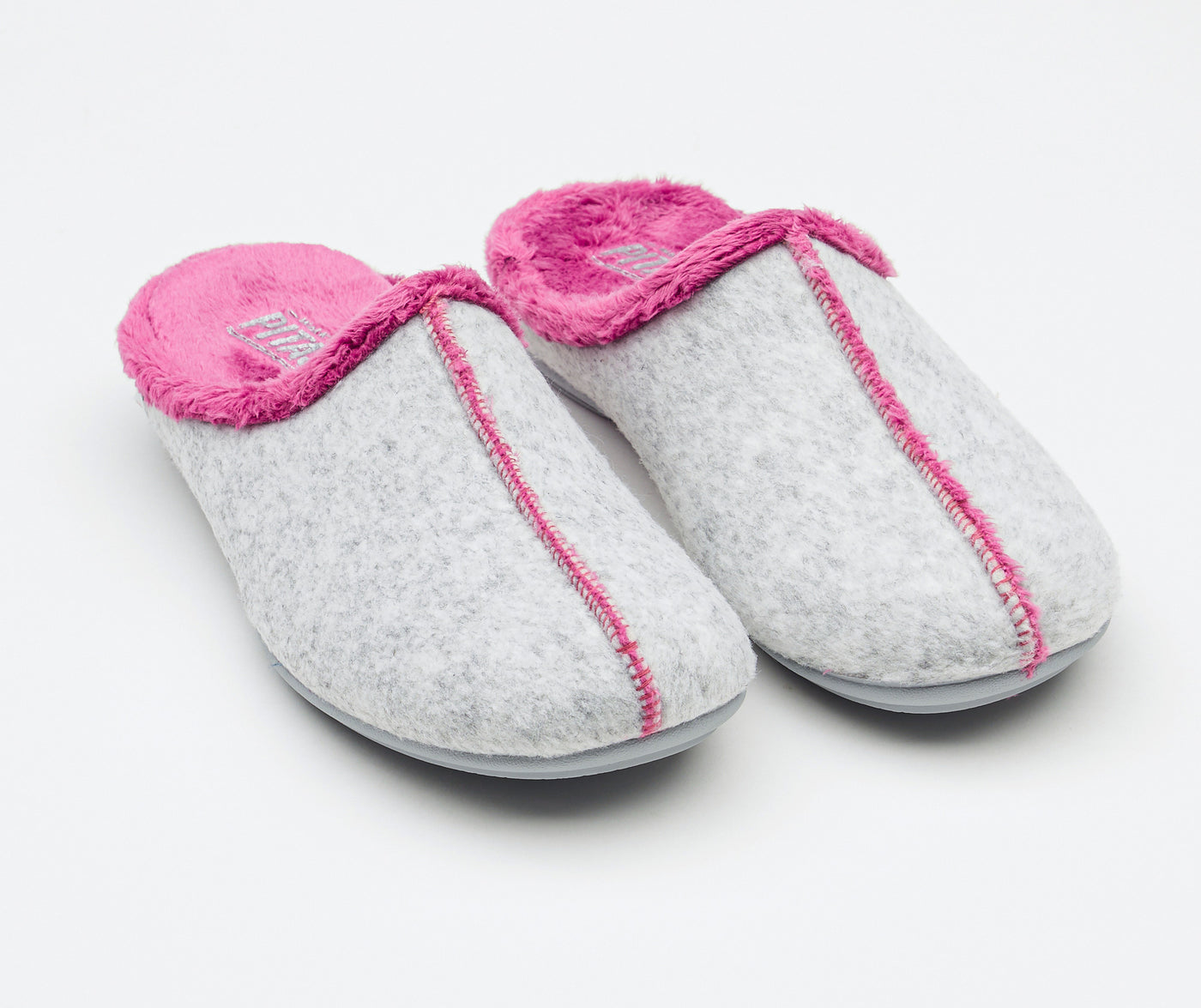 Women's grey and raspberry felt and faux fur mule slippers
