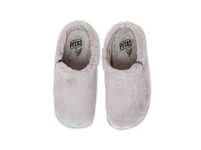Women's grey fluffy faux fur mule slippers, 100% recycled materials