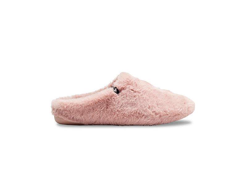 Women's pink fluffy faux fur mule slippers, 100% recycled materials