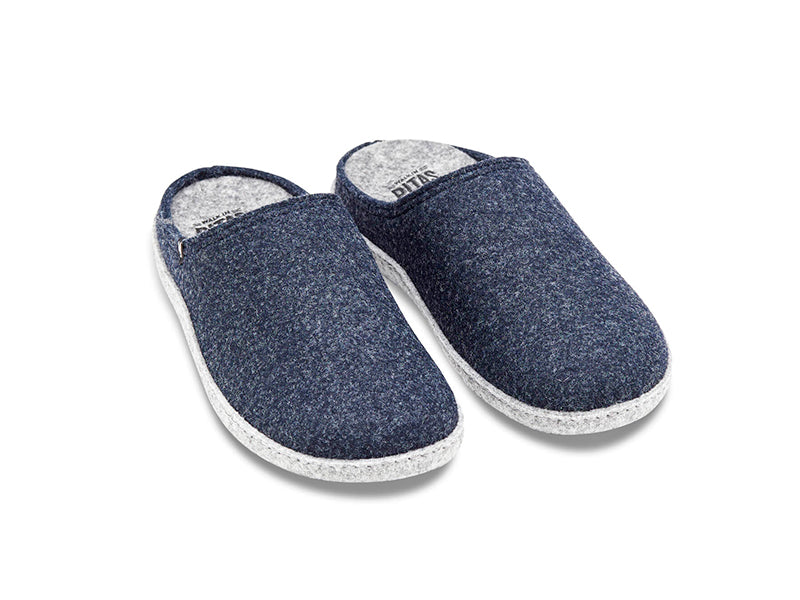 Women's non-slip navy blue soft recycled felt mule slippers, 100% recycled  materials